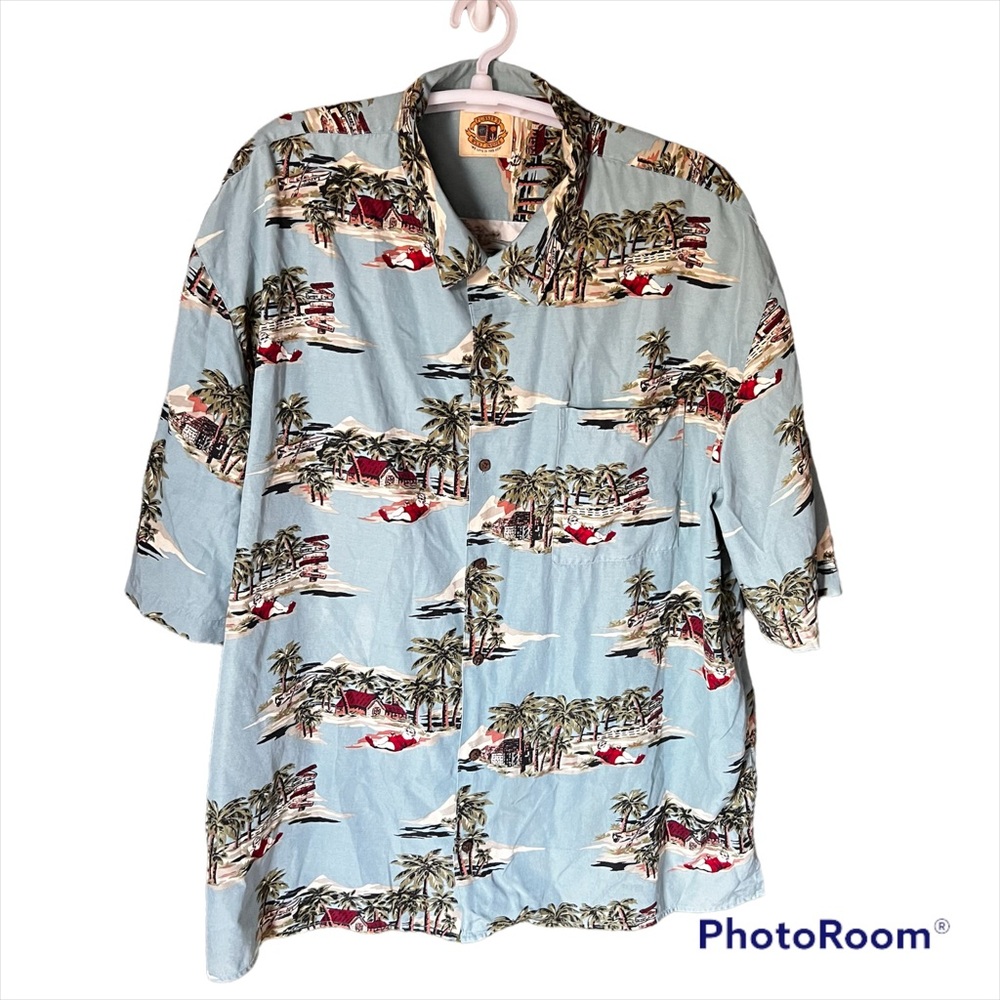Hawaiian SANTA Holiday Aloha Shirt Vtg Tropical Blue XXL